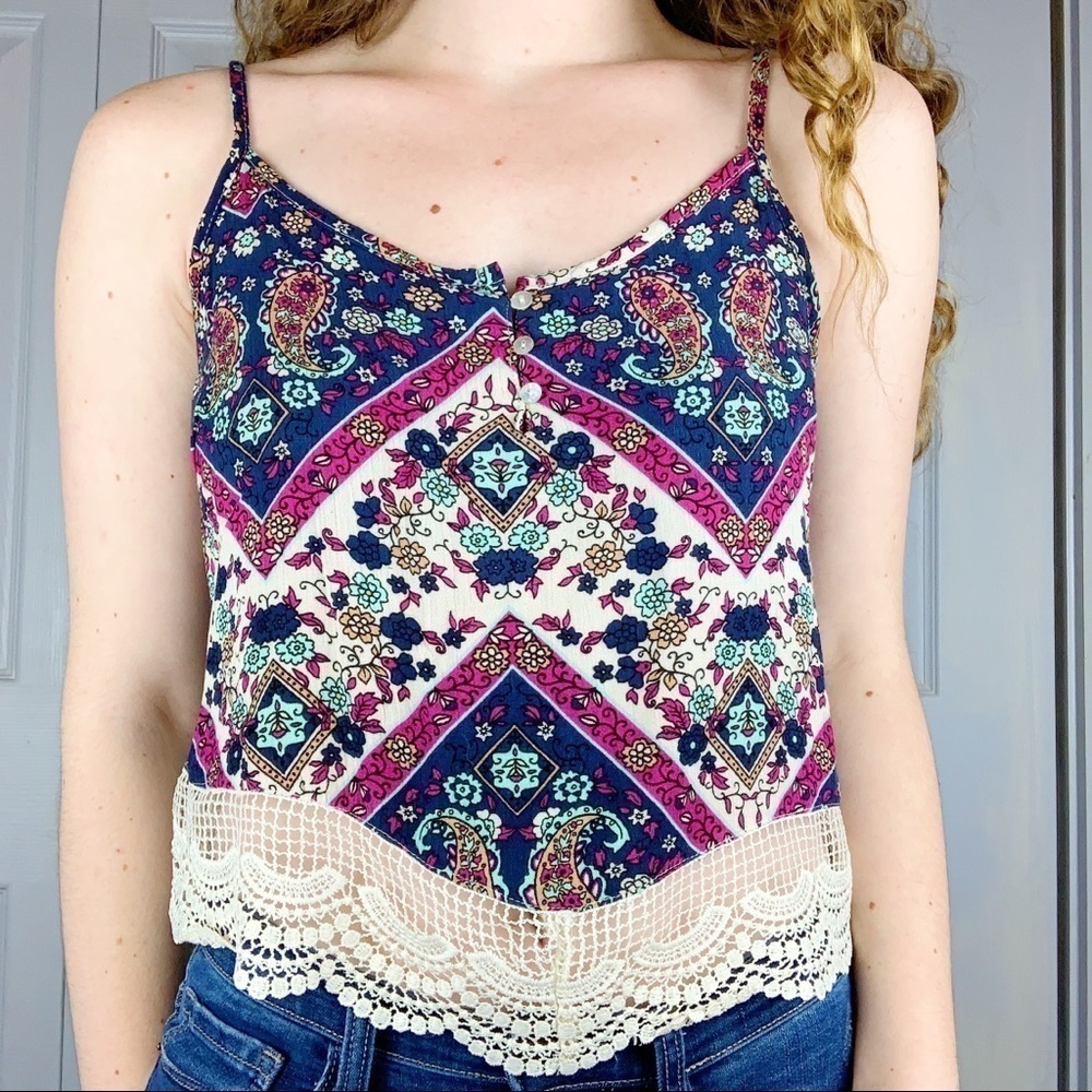 Polly & Esther Printed Lace Trim Tank Top